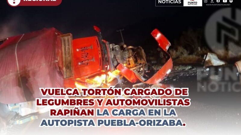 VUELCA TORTÓN CARGADO DE LEGUMBRES Y AUTOMOVILISTAS RAPIÑAN LA CARGA EN LA AUTOPISTA PUEBLA-ORIZABA.
