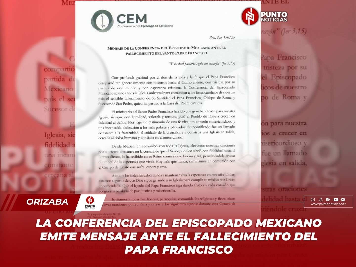 La Conferencia del Episcopado Mexicano emite mensaje ante el fallecimiento del Papa Francisco