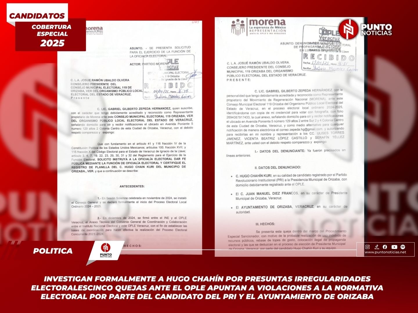Investigan formalmente a Hugo Chahín por presuntas irregularidades electoralesCinco quejas ante el OPLE apuntan a violaciones a la normativa electoral por parte del candidato del PRI y el Ayuntamiento de Orizaba