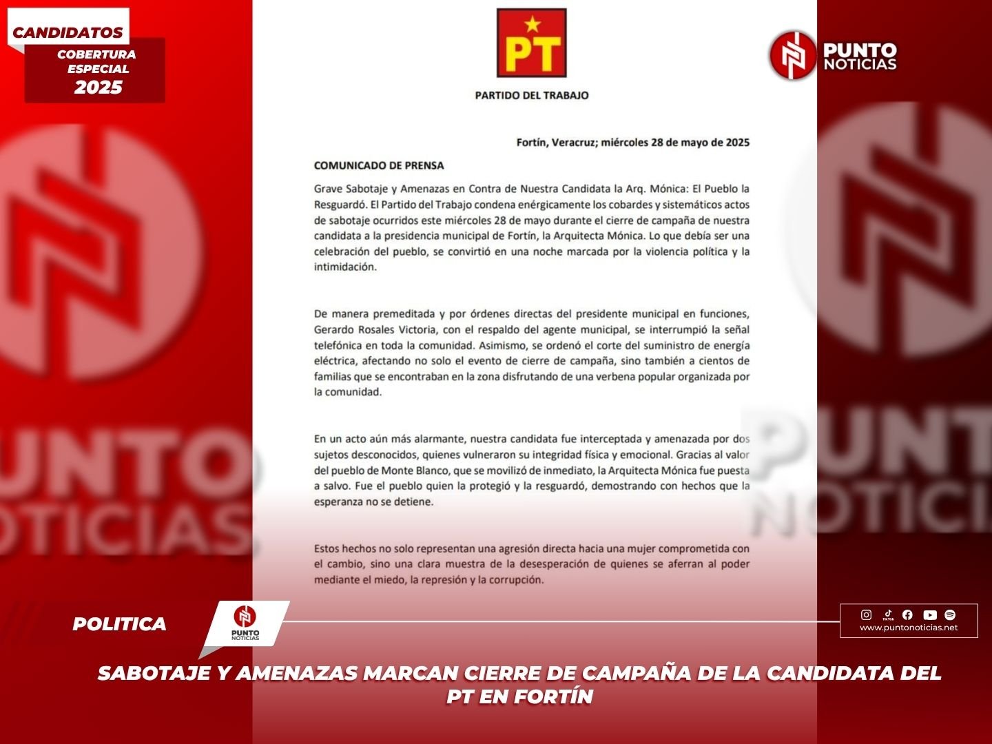 Sabotaje y amenazas marcan cierre de campaña de la candidata del PT en Fortín