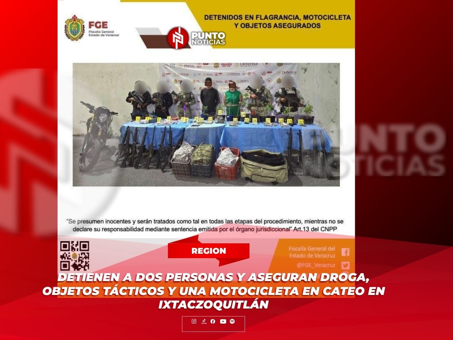 Detienen a dos personas y aseguran droga, objetos tácticos y una motocicleta en cateo en Ixtaczoquitlán