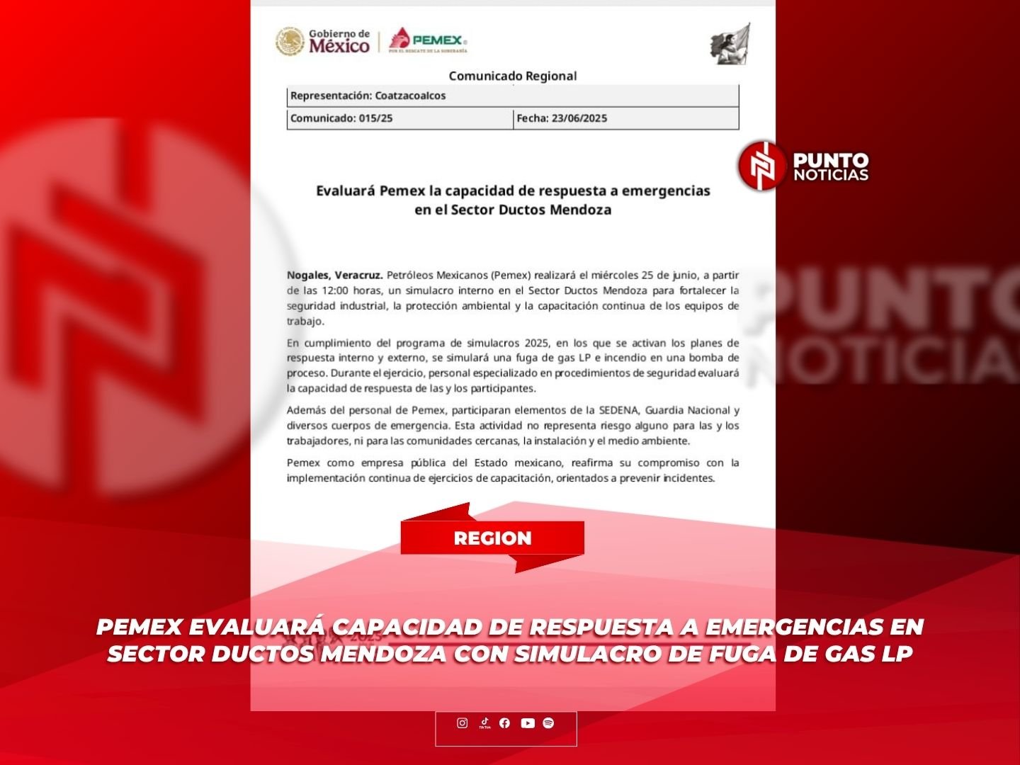 Pemex evaluará capacidad de respuesta a emergencias en Sector Ductos Mendoza con simulacro de fuga de gas LP