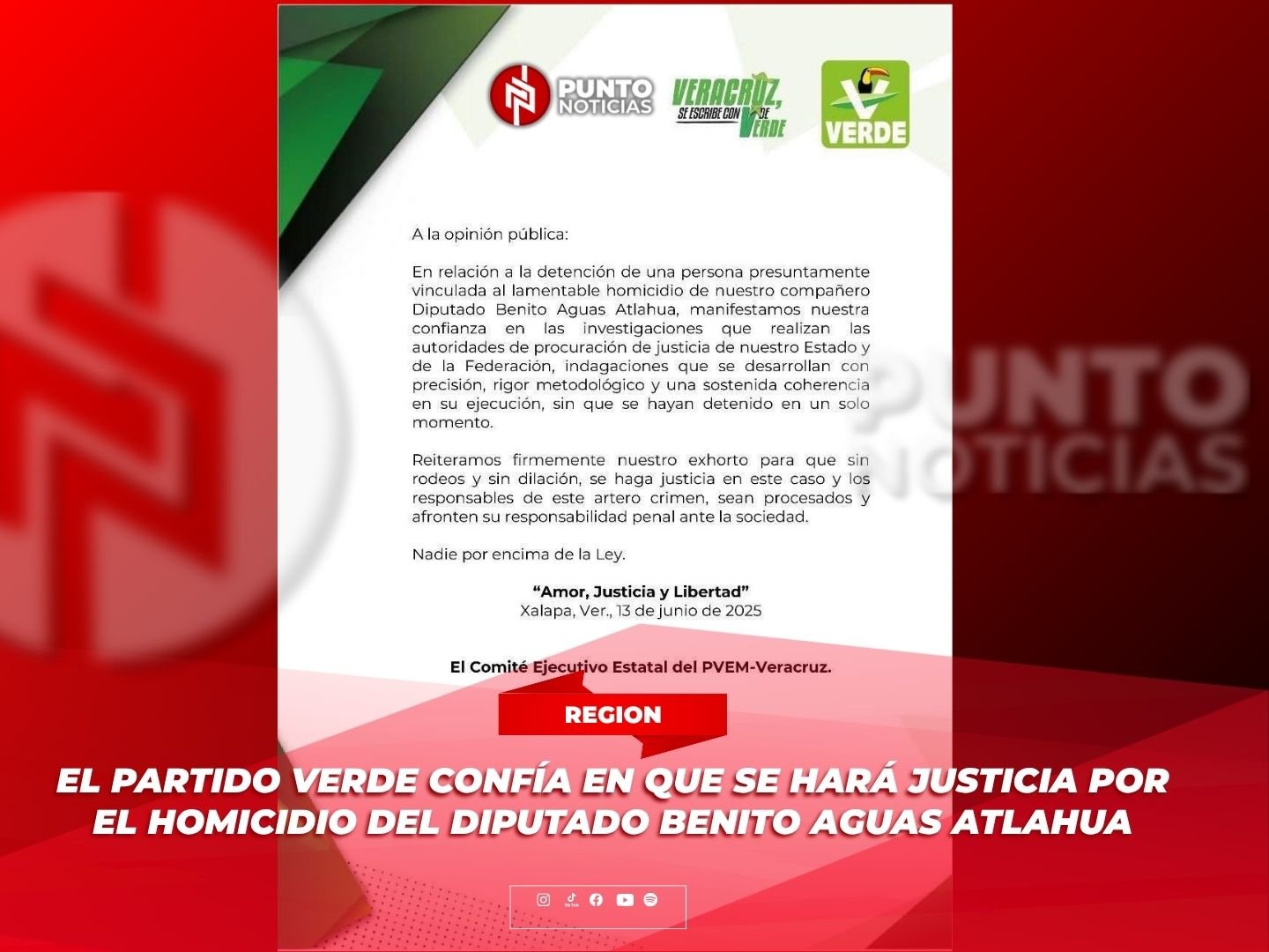 El Partido Verde confía en que se hará justicia por el homicidio del diputado Benito Aguas Atlahua