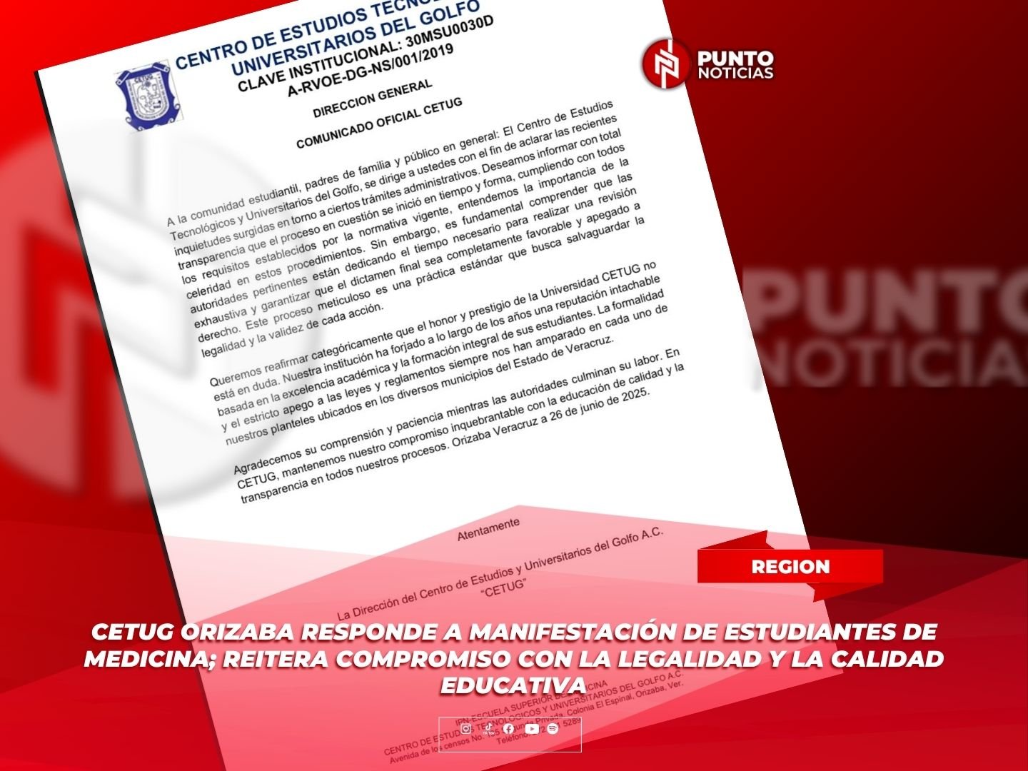 CETUG Orizaba responde a manifestación de estudiantes de Medicina; reitera compromiso con la legalidad y la calidad educativa