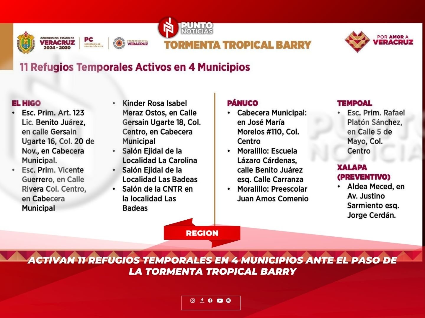 Activan 11 Refugios Temporales en 4 municipios ante el paso de la Tormenta Tropical Barry