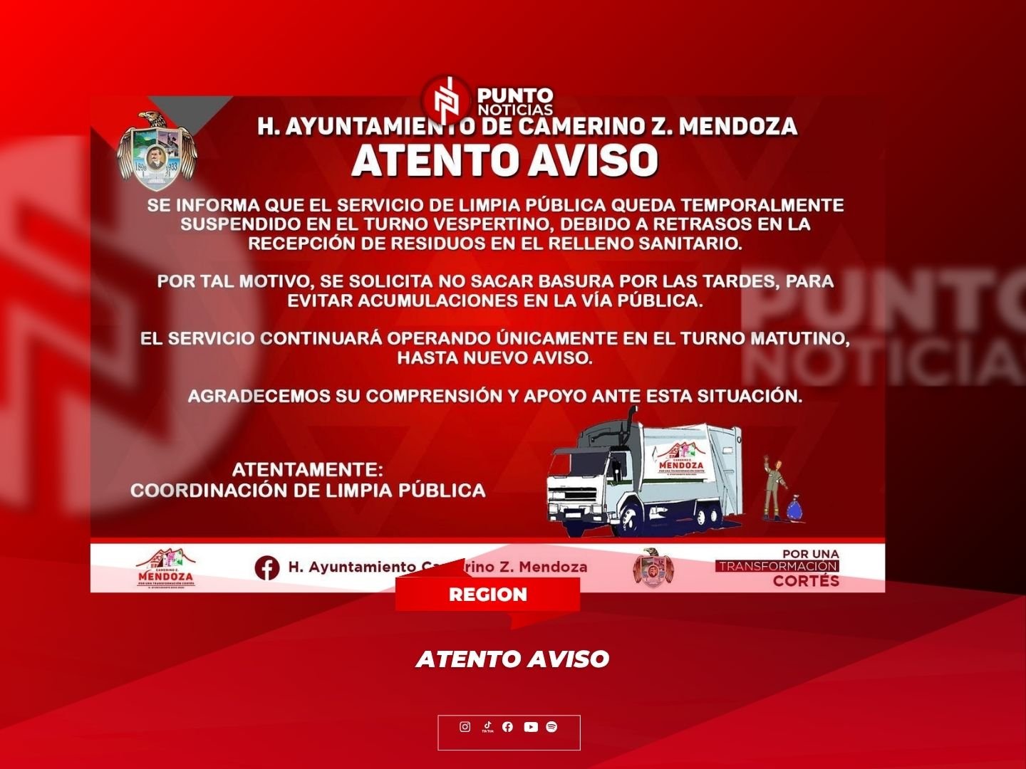 Suspenden temporalmente servicio vespertino de Limpia Pública en Camerino Z. Mendoza