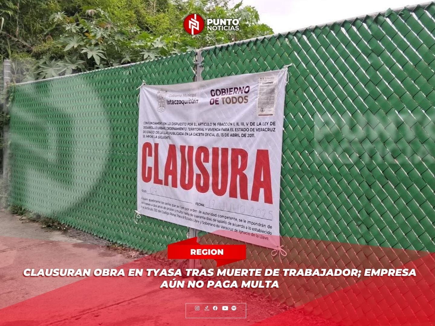 Clausuran obra en Tyasa tras muerte de trabajador; empresa aún no paga multa