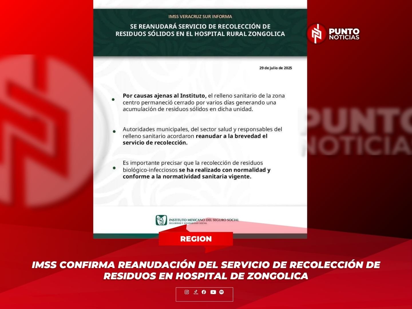 IMSS confirma reanudación del servicio de recolección de residuos en hospital de Zongolica