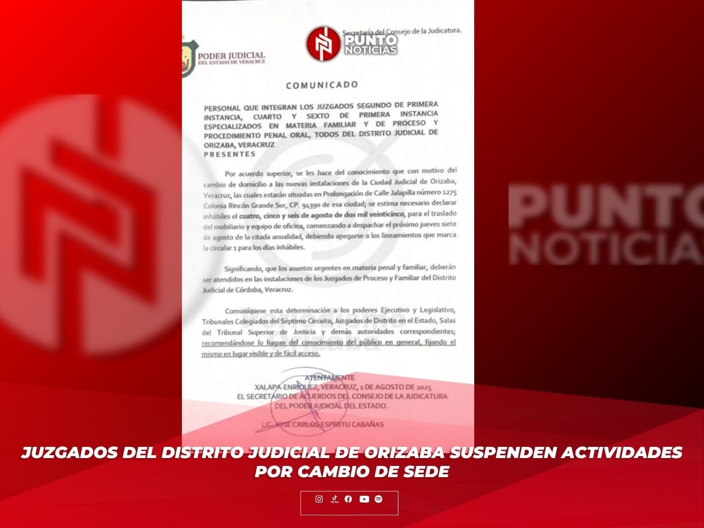 Juzgados del Distrito Judicial de Orizaba suspenden actividades por cambio de sede