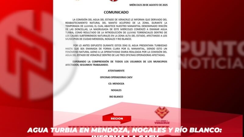 Agua turbia en Mendoza, Nogales y Río Blanco: informa la CAEV