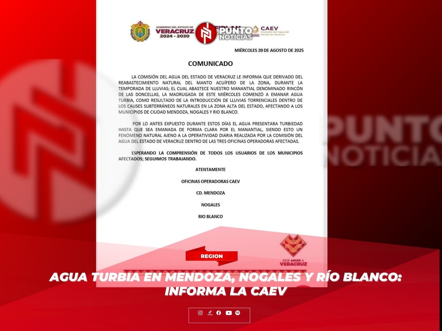 Agua turbia en Mendoza, Nogales y Río Blanco: informa la CAEV