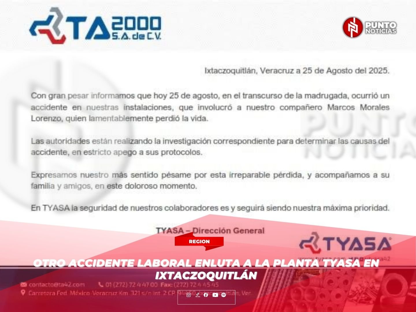 Otro accidente laboral enluta a la planta TYASA en Ixtaczoquitlán