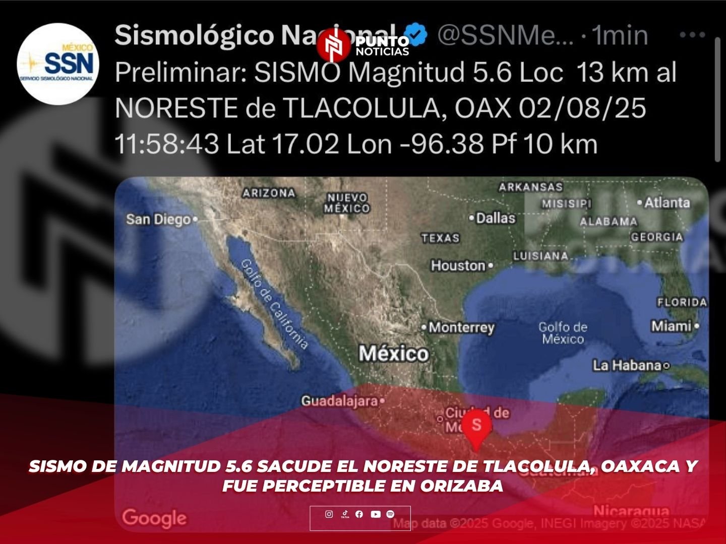 Sismo de magnitud 5.6 sacude el noreste de Tlacolula, Oaxaca y fue perceptible en Orizaba
