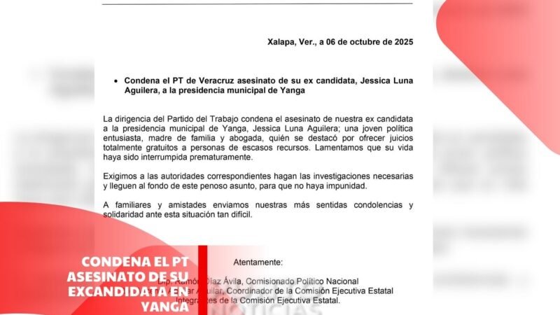 Condena el PT asesinato de su excandidata en Yanga