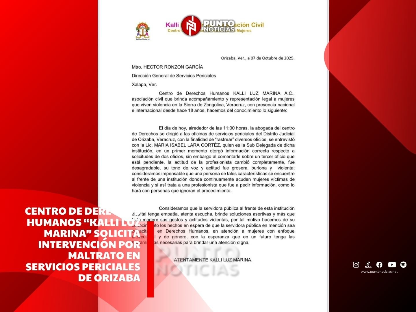 Centro de Derechos Humanos “Kalli Luz Marina” solicita intervención por maltrato en Servicios Periciales de Orizaba